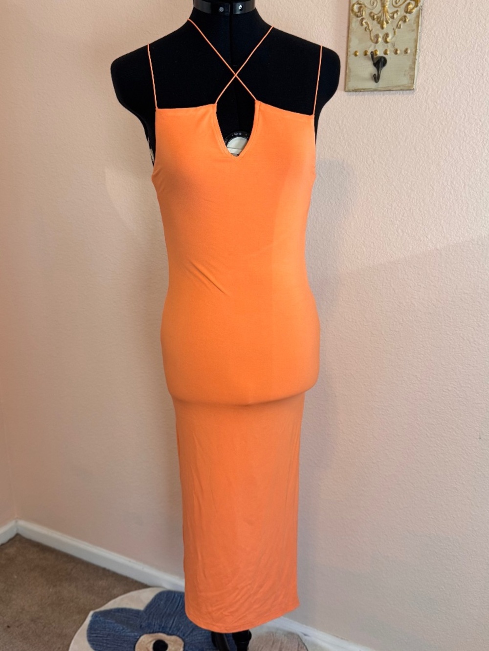 Strappy Bodycon Midi Dress Coral/Orange NWT Olivaceous Medium